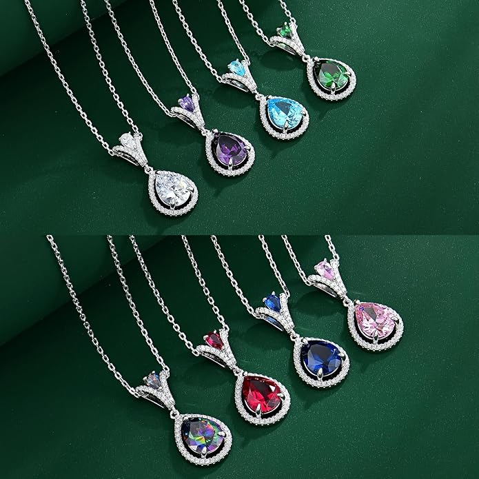 Birthstone Necklace 925 Sterling Silver Tear Drop 5A Cubic Zirconia Pendant Necklace Jewelry Birthday Gifts for Women
