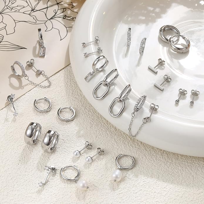 BESTEEL 13 Pairs Small Stud Hoop Earrings Set for Women Hypoallergenic Gold Plated Huggie Hoops Pearl Dainty Lightweight Earrings for Gift