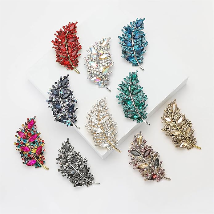 Rhinestone Leaf Brooches for Women Men,Vintage Plant Leaf Lapel Pins Sparkling Crystal Feather Brooch Collar Pins Clothing Bags Hats Christmas Birthday Jewelry