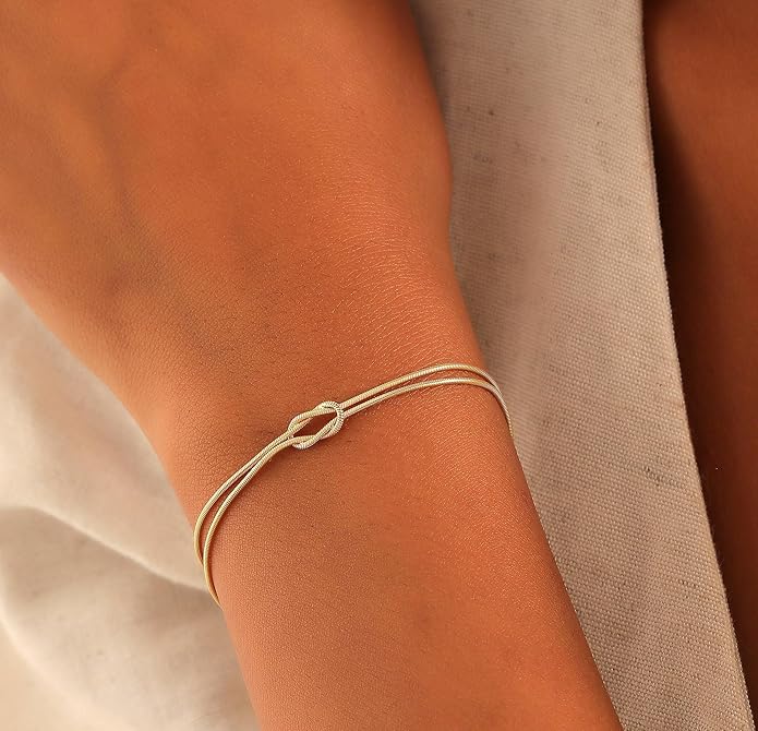Matching Bracelets for Couples,Dainty Gold Love Knot Bracelet 14K Gold Plated Herringbone Chain Bracelet Relationship Jewelry Gifts for Best Friend