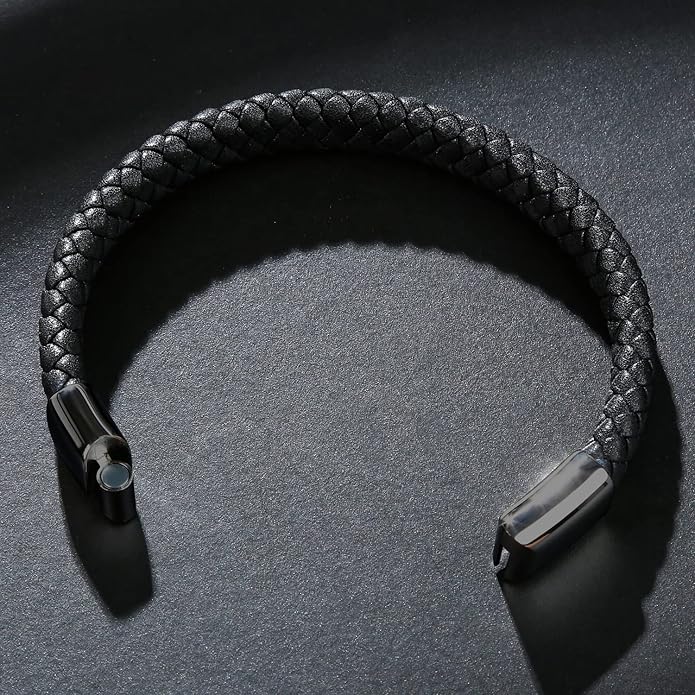 Leather Bracelet for Men Braided Cuff Wristband Stainless Steel Clasp in Silver and Gold Jewellery Gift