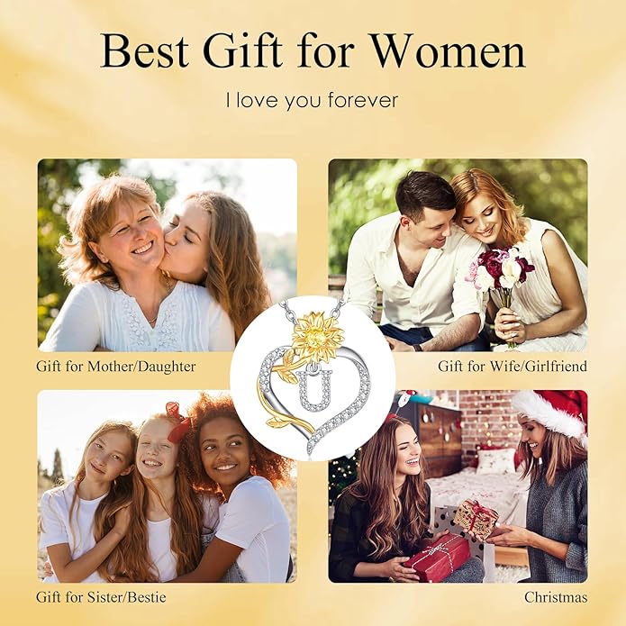 AENEAS Sunflower Initial Necklace for Women Gold Plated Sterling Silver Letter Heart Pendant Jewelry Gift for Mom Wife Birthday Anniversary Christmas