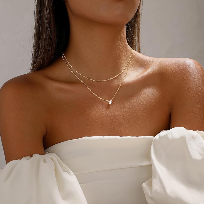 Layered Gold Necklace for Women Trendy 14K Gold Plated Heart CZ Pendant Layered Gold Necklaces Set Coin Choker Necklaces Simple Circle Cubic Zirconia Pearl Necklace Stack Herringbone Paperclip Chain Jewelry Set
