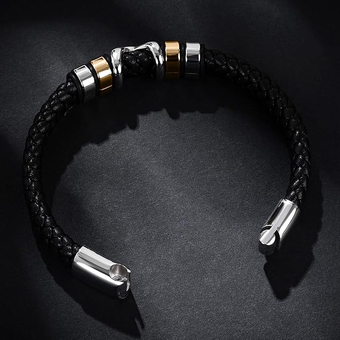 Leather Bracelet for Men Braided Cuff Wristband Stainless Steel Clasp in Silver and Gold Jewellery Gift