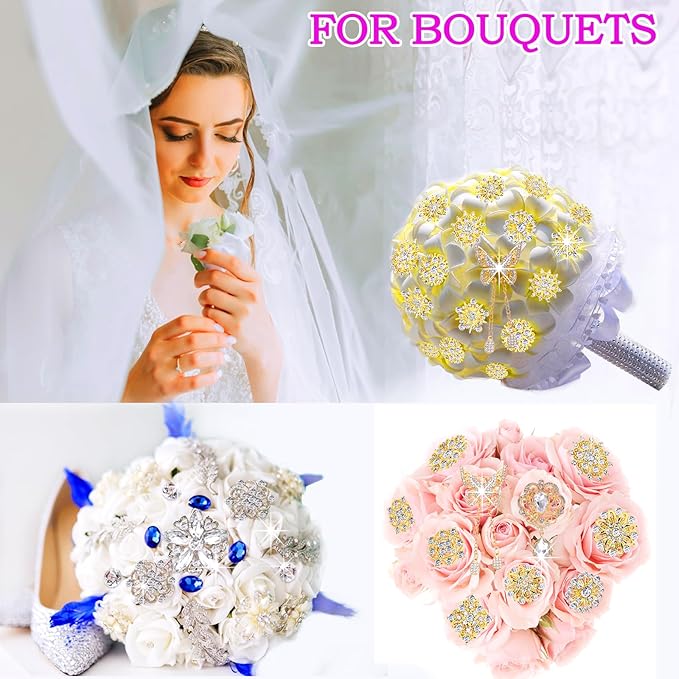 Yhsheen Gold Rhinestone Brooches Pin Kits Crystal Pearl Brooches for Bouquets for Wedding Decoration Accessories Jewelry Making Crafts(Gold-14PCS)-D