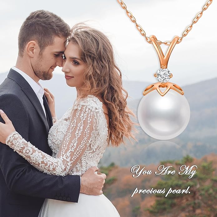 14K Gold Pearl Necklace for Women, 9mm White Freshwater Cultured Pearl Love Heart Pendant Necklace Jewelry Anniversary Present for Women, Girls 16+2 Inch