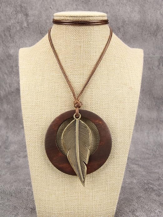 Long Boho Necklaces for Women Vintage Leather Wooden Pendant Y Choker Ethnic Style Gold Circle Hippie Sweater Necklace