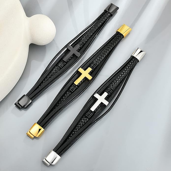 Fahonie Cross Leather Bracelet for Men Women 316L Stainless Steel with 18K Gold Plated Christ Jesus Multi-layer Handmade Christian Bracelet,7.5/8/9 Inches