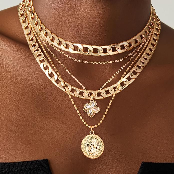 MJartoria Layered Necklaces for Women Trendy Retro Coin Pendant Necklace Dainty Chunky Chain Choker Necklaces for Jewelry Birthday Gifts