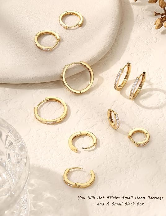Kakonia 5 Pairs Small Sterling Silver Hoop Earrings Set for Women, 18k Gold Plated Huggie Hoop Earrings, Lightweight Hoop Earrings for Women Hypoallergenic, Cartilage Earring Sets for Multiple Piercing