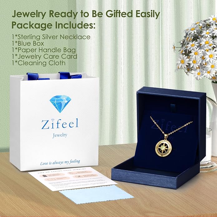 Zifeel Compass Necklace Gifts for Women wife - S925 Sterling Silver Birthstone Necklaces for Women - Anniversary Birthday Gifts for Her Wife Girlfriend - Valentines Mom Mothers Day Christmas Gifts Jewelry for Women