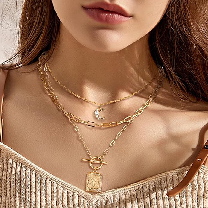 MJartoria Layered Initial Necklaces for Women Trendy, 14K Gold Plated Brass Simple Moon Choker Square Letter Pendant Necklace, Paperclip Chain Necklaces Jewelry Gifts