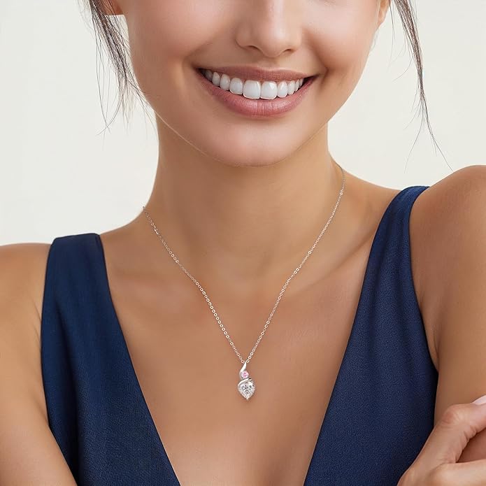 Moissanite Heart Pendant Necklaces for Women, 925 Sterling Silver Necklace with Birthstone, Ideal Anniversary Present or Birthday Christmas Valentine Mothers Day Jewelry Gifts for Mom Wife Her Girlfriend
