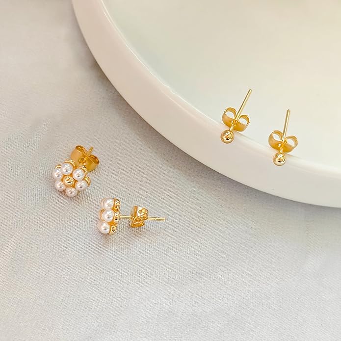 IMBOS Pearl Earrings 14k Gold Plated Daisy Flower Stud Earrings for Women Ball Stud Flat Back Earring Hypoallergenic Statement Earring Trendy Jewelry Gift for Women
