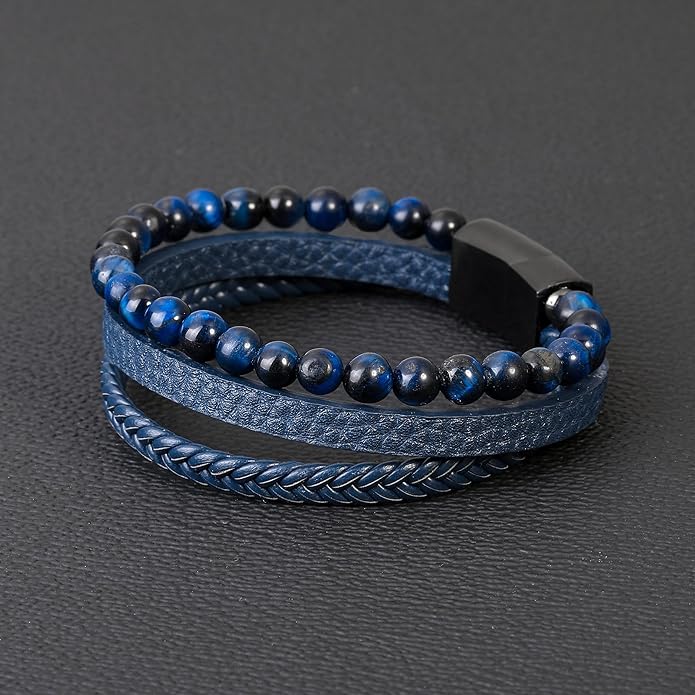 Gifts for Men - Layered Leather Beads Bracelet, Tiger Eye Lava Rock Stone Braided Leather Bracelets for Men Adjustable Magnetic Clasp Birthday Gifts