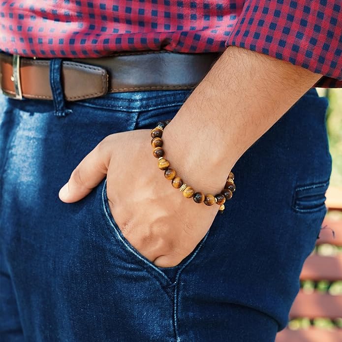 RTZN® Tigers Eye Bracelet for Men – Premium Artisan Handcrafted Golden Brown Tiger Eye Bead Bracelets – Natural Stone Tiger Eye Bracelet Men – Beaded Bracelets for Men