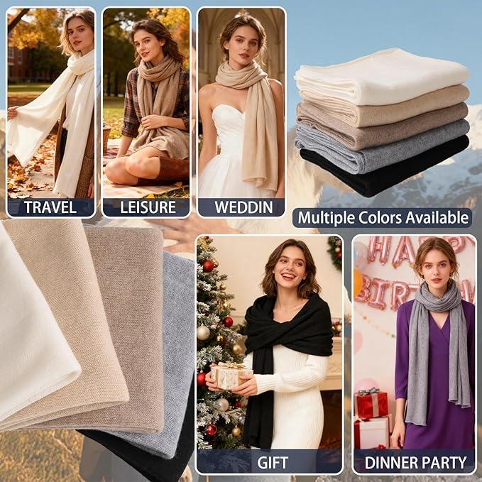 WASALUYA 100% Cashmere Scarf for Women - Knitted Lightweight Travel Wrap, Soft Large Shawl, 71x24 Inches, Luxury Gift