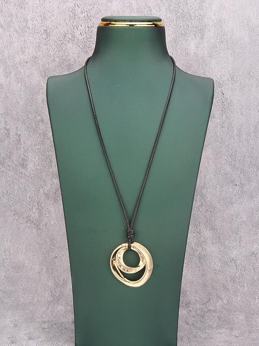 Long Boho Necklaces for Women Vintage Leather Wooden Pendant Y Choker Ethnic Style Gold Circle Hippie Sweater Necklace