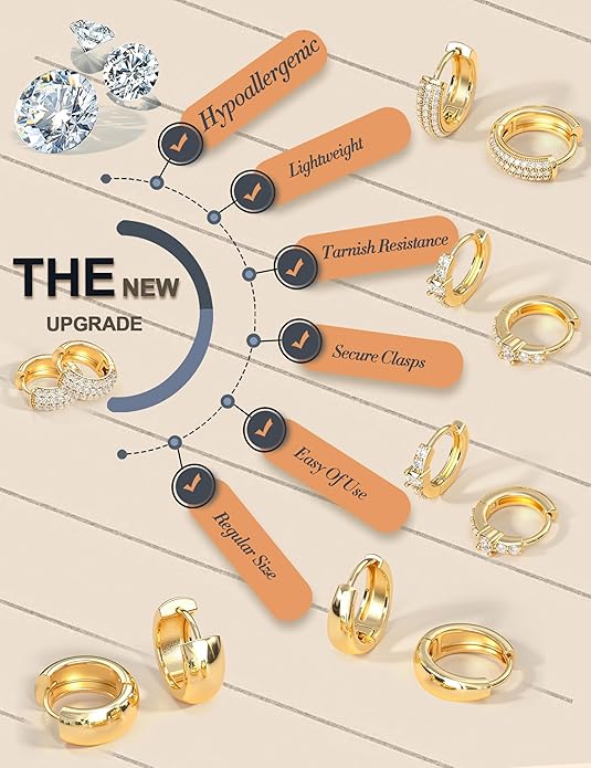 LOLIAS Small 14K Gold Plated Chunky Hoop Earrings for Women Hypoallergenic Silver Earrings Set for Sensitive Ears Non Tarnish Huggie Hoops Earring Stacks for Multiple Piercing Jewelry Lightweight 3Pairs