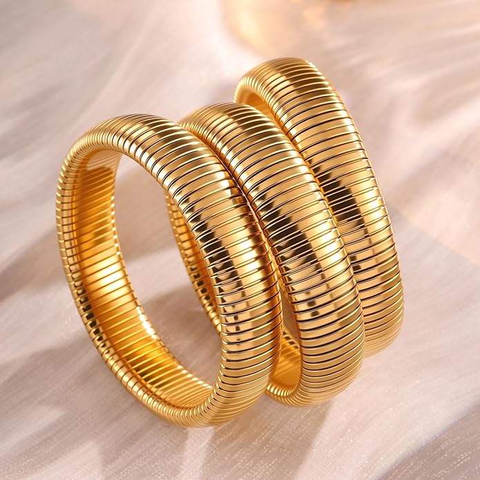UILZ 3-Pack Gold Bangles Bracelet for Women - 24K Real Gold Plated Stainless Steel Chunky Stretch Bangles Stackable Wide Bracelet Jewelry for Everyday & Special Occasions Pulseras Para Mujer