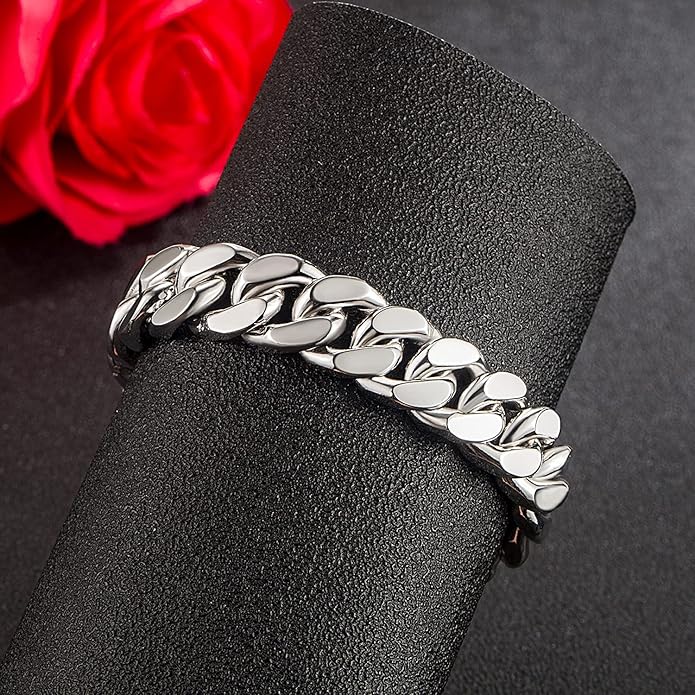 Fashion 925 Sterling Silver Solid Miami Cuban Link Chain Bracelet 8MM-12MM-14MM Curb Cuban Solid Thick Big Link Bracelet For Men 7-10 Inch Jewelry Gift