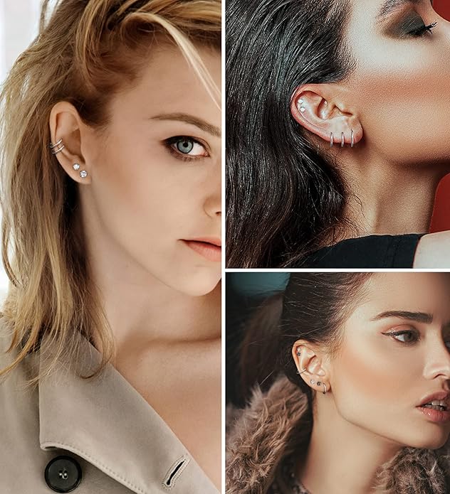 MJust Titanium Earrings for Sensitive Ears 20G Hypoallergenic Stud Hoop Earrings for Women Men Opal Ball CZ Heart Pearl Flat Back Earrings Cartilage Earrings Set