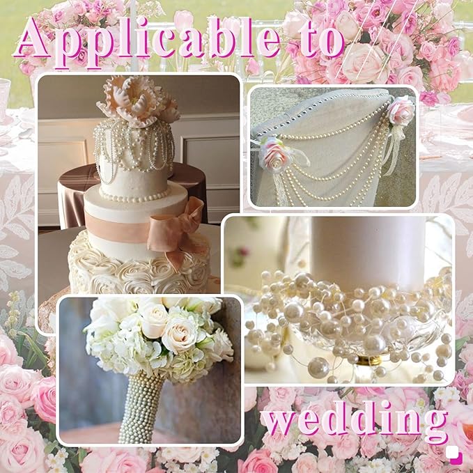 Towenm 4 Rolls 76 Feet Pearls Garland, Faux Pearl Beads Roll Strand, 4mm 6mm 8mm Artificial Pearls Chain Trim, 3-8mm Fishing line Pearls Strings for Crafts Wedding Christmas Decoration, White