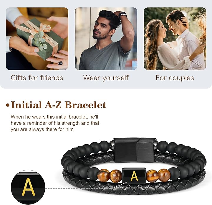 LUXEJEW Gifts for Men - Mens Bracelet, Beaded Leather Initial Bracelet 6mm Matte Agate Stone Handmade Bracelets Adjustable Stainless Steel Magnetic Clasp Mens Jewelry Gifts