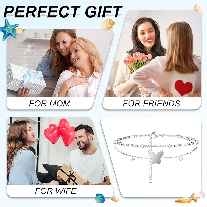 Sterling Silver Anklet Bracelets for Women Waterproof, 925 Sliver Plated CZ & Heart Charm Dainty Layer Anklets for Women Trendy, Simple Chain Anklets Set Gifts for Women, Jewelry Gifts for Her Women Mom Wife Girlfriend