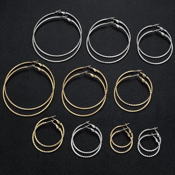 5/10 Pairs Stainless Steel Hoop Earrings for Women Hypoallergenic Large Small 14K Gold Plated Starry Sky Filigree Hoops Silver Plated Hoop Earring Pack Lightweight Fashion Earrings Set