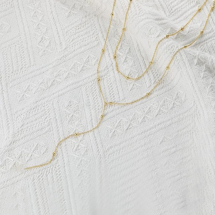 Foxgirl Lariat Gold Necklace for Women, Dainty Long Necklace 14k Gold Plated/Silver Y-Shaped Pendant Necklace Trendy Layered Cz Beaded Chain Drop Necklaces Simple Gold Jewelry For Women Gift