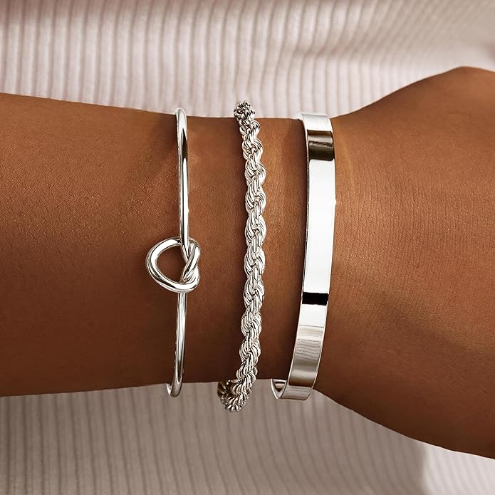 Silver Bracelets for Women Stack, Silver or Gold Plated Cuff Bangle Set, Trendy Silver Jewelry for Women Fashion