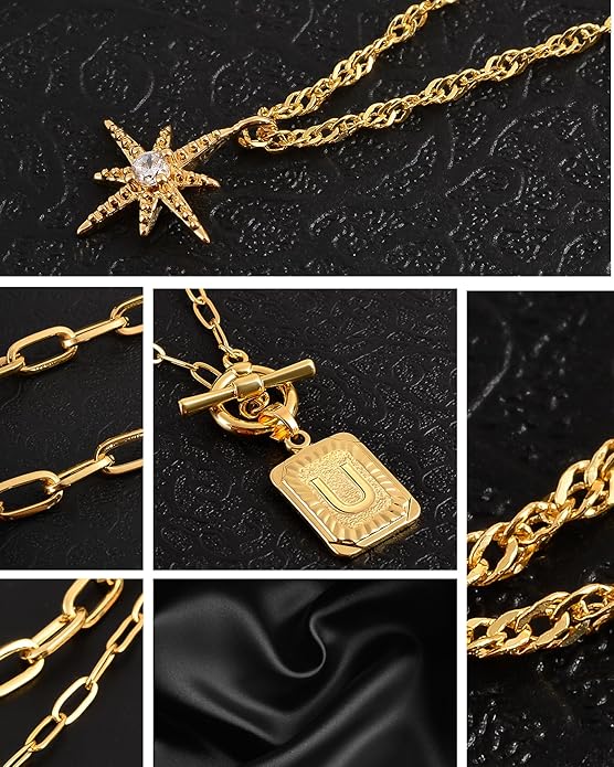 MJartoria Layered Initial Necklaces for Women Trendy, 14K Gold Plated Brass Simple Star Choker Square Letter Pendant Necklace, Paperclip Chain Necklaces Jewelry Gifts