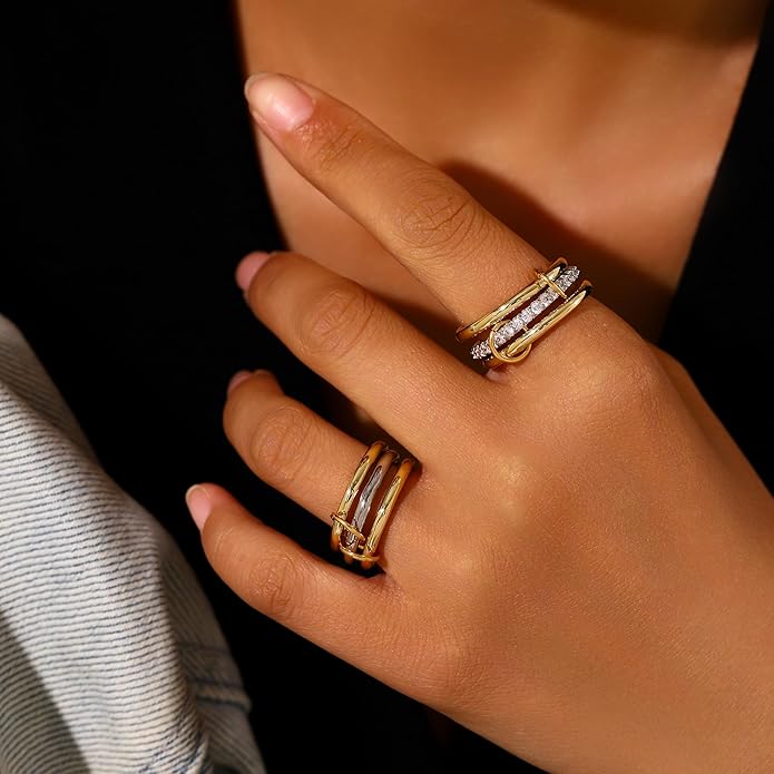 Canboer 14K Gold Plated Interlocked Stackable Rings for Women Non Tarnish,Gold and Silver Cubic Zirconia Statement Rings Set,Mixed Metals Ring Two-Toned Connected Bands Stacking Jewelry