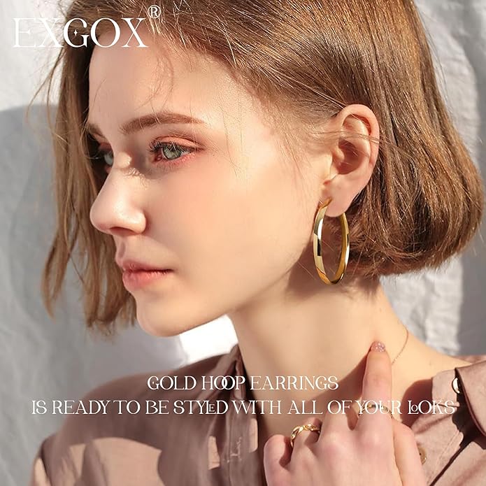 EXGOX 5mm Wide Gold Hoop Earrings for Women,Sterling Silver Hoop Earrings Large Silver Hoop Earrings Hypoallergenic Lightweight 14K Real Gold Plated Big Hoop Earrings for Women 30/40/50/60/70mm