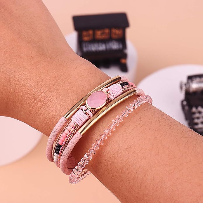 FANCY SHINY Leather Wrap Bracelets Crystal Beads Bracelet Boho Cuff Stone Charm Bracelets with Clasp Costume Jewelry for Women