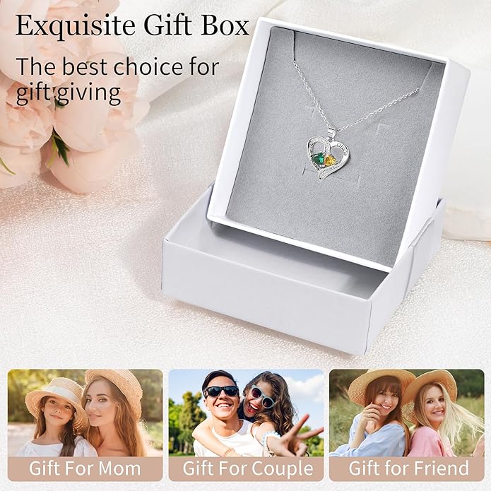 Easycosy Custom Name Necklace with Simulated Birthstones Customized Promise Necklace Heart Pendant with Engraved 2-6 Names - Anniversary Birthday Christmas Jewelry Gifts for Women Wife Mom Grandma