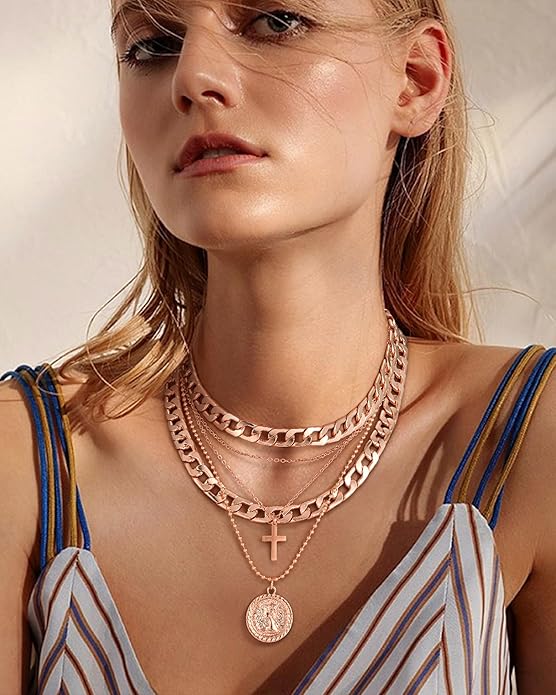 MJartoria Layered Necklaces for Women Trendy Retro Coin Pendant Necklace Dainty Chunky Chain Choker Necklaces for Jewelry Birthday Gifts