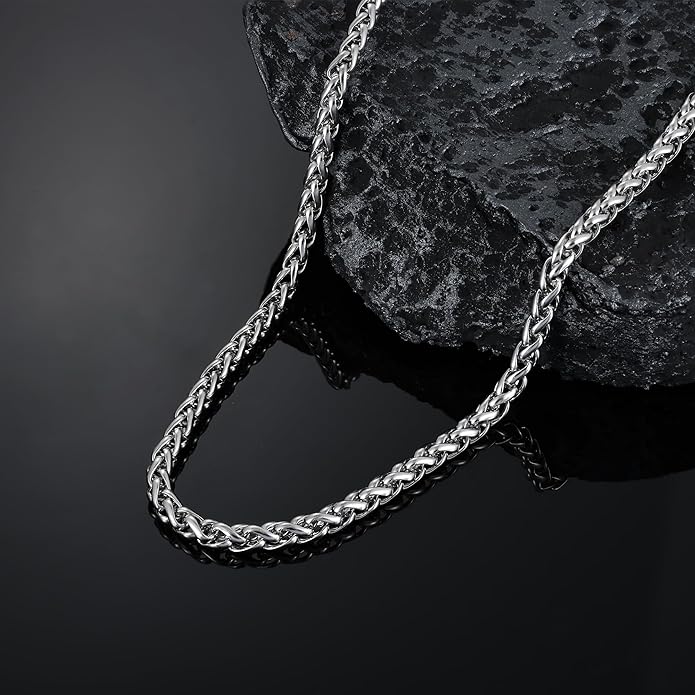 Fiusem Black Wheat Chains for Men and Women, 2/2.5/3/4/5mm Stainless Steel Necklace Chain, Mens Necklace Jewelry Gift 16-28 Inch