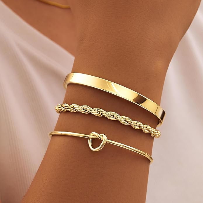 Silver Bracelets for Women Stack, Silver or Gold Plated Cuff Bangle Set, Trendy Silver Jewelry for Women Fashion