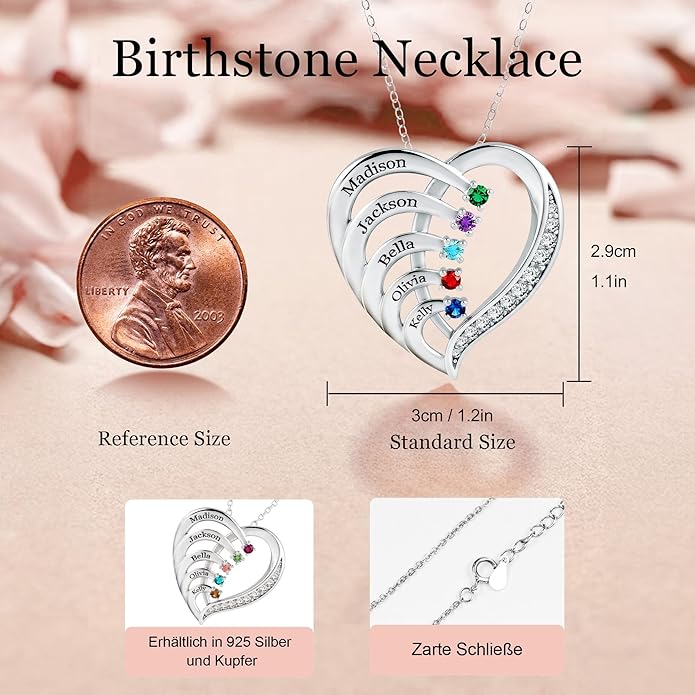 Easycosy Custom Name Necklace with Simulated Birthstones Customized Promise Necklace Heart Pendant with Engraved 2-6 Names - Anniversary Birthday Christmas Jewelry Gifts for Women Wife Mom Grandma