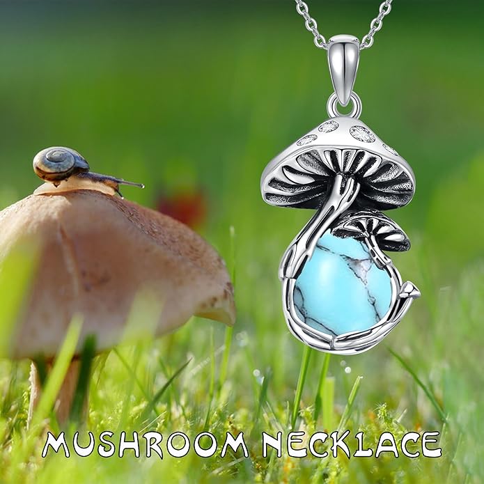 YAFEINI Mushroom Necklace Moonstone/Moss Agate/Malachite/Labradorite/Turquoise/Amber/Larimar/Black Onyx/Lapis Lazuli/Peridot/Opal Sterling Silver Mushroom Pendant Mother's Day Jewelry for Women Mom