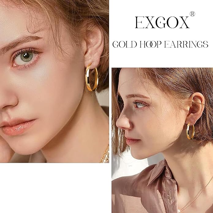 EXGOX 5mm Wide Gold Hoop Earrings for Women,Sterling Silver Hoop Earrings Large Silver Hoop Earrings Hypoallergenic Lightweight 14K Real Gold Plated Big Hoop Earrings for Women 30/40/50/60/70mm