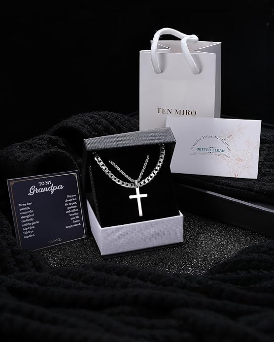 TEN MIRO Silver/Black Cross Necklace for Men Boy Stainless Steel Cross Pendant Necklace for Men Christian Religious Jewelry with Box & Card Birthday Anniversary Christmas Father's Day Gifts for Him