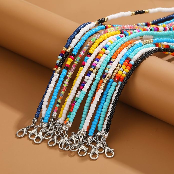 XIJIN 8Pcs Handmade Beaded Anklets for Women Boho Colorful Beads Ankle Bracelets Adjustable Foot Anklet Set