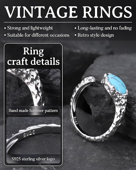 S925-Sterling-Silver Abalone Dragonfly-Turquoise Spoon Ring - Vintage Boho Sunflower Thumb Oxidized Wrap Rings Victorian Style Antique Floral Jewelry Gifts for Women