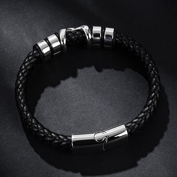 Leather Bracelet for Men Braided Cuff Wristband Stainless Steel Clasp in Silver and Gold Jewellery Gift