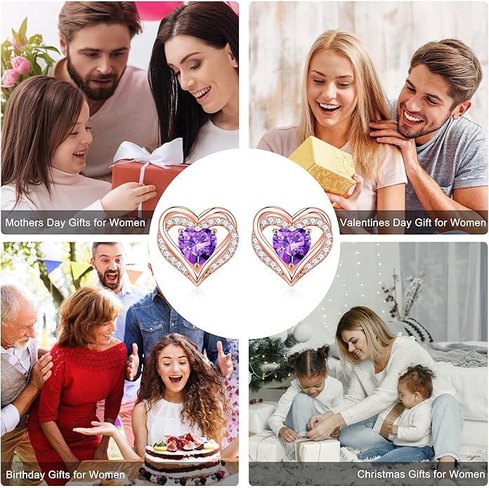 Iefil Birthstone Earrings for Women, 925 Sterling Silver Heart Stud Earrings Birthday Gifts for Women