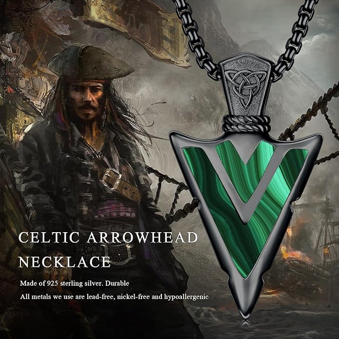 Suiknsn Arrowhead Necklace for Men Women 925 Sterling Silver Turquoise Malachite Celtic/Eye of Horus/Viking Arrow Pendant Amulet Jewelry Gifts Native American Necklace