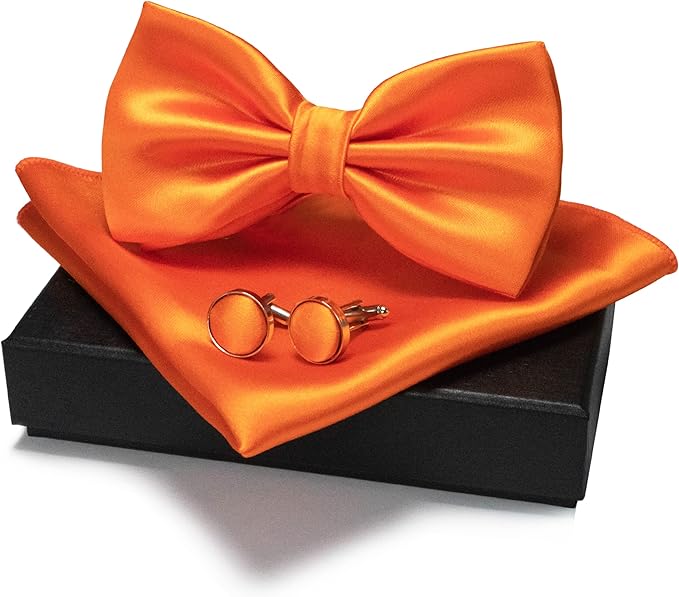 JEMYGINS Solid Color mens Pre-tied Bow Tie and Pocket Square Cufflinks Sets with Gift Box